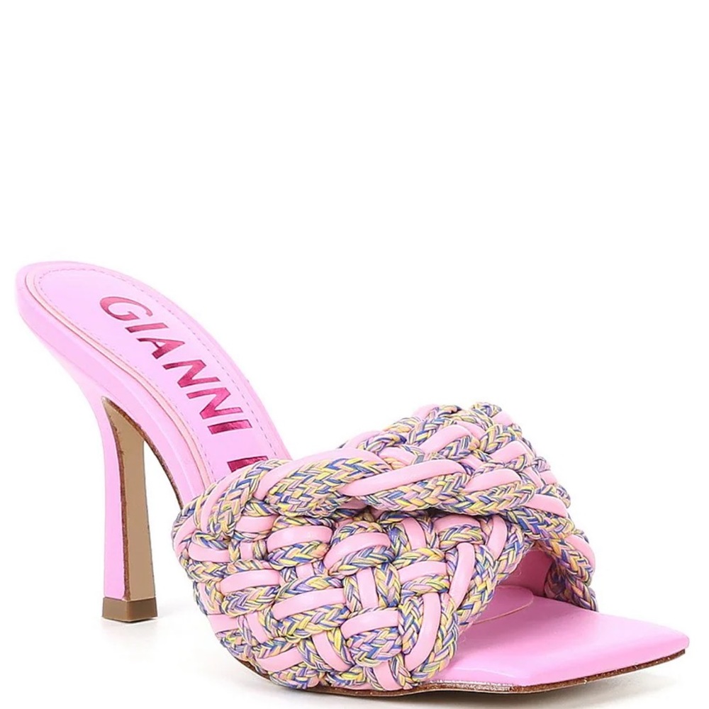 Gianni Bini Pink Bibby Woven Leather Corded Square Toe Sandals